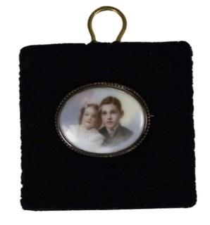 Vintage Hand Painted Miniature Portrait of Two Children on Porcelain Brooch