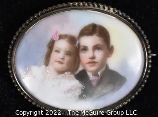 Vintage Hand Painted Miniature Portrait of Two Children on Porcelain Brooch