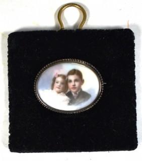 Vintage Hand Painted Miniature Portrait of Two Children on Porcelain Brooch