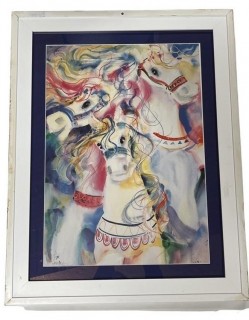 Framed Under Glass Watercolor on Paper of Carousel Horses, Signed by Artist.  Signature obscured by matting. 25 x 27" 