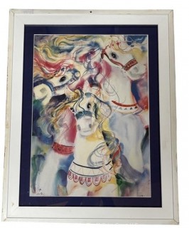 Framed Under Glass Watercolor on Paper of Carousel Horses, Signed by Artist.  Signature obscured by matting. 25 x 27" 