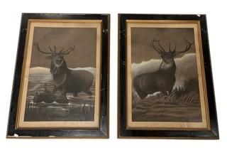 Two (2) Framed Under Glass Pastels on Paper Elk Paintings, Signed by Artist, C.J. Lewis '82, After Sir Edwin Landseer's "The Monarch of the Glen".  Each 28 x 42" 