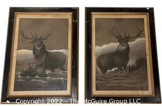 Two (2) Framed Under Glass Pastels on Paper Elk Paintings, Signed by Artist, C.J. Lewis '82, After Sir Edwin Landseer's "The Monarch of the Glen".  Each 28 x 42" 