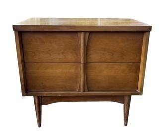 22T x 24W x 15"T Mid Century Modern Cherry Bed Side Table with Two Drawers. One of a pair offered in this auction.