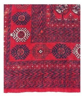 76 x 112" Turkmen Hand Knotted Rug from Afghanistan with Geometric Pattern on Red Ground.  Some moth ball odor.  