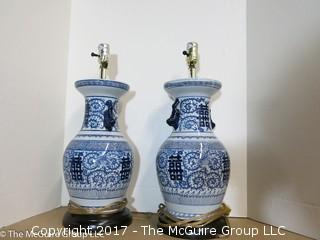 Pair of Asian form table lamps (one shade)