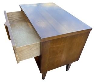 Mid Century Modern Cherry Bed Side Table with Two Drawers.  22" tall x 24" wide x 15"deep.  One of a pair offered in this auction.