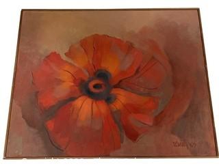 Framed Oil on Canvas Original Painting of Red Poppy Flower Signed by Artist W. Wiley, 1969.   26" x 31"