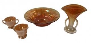 Four (4) Pieces of Orange Irridescent Carnival Glass. 