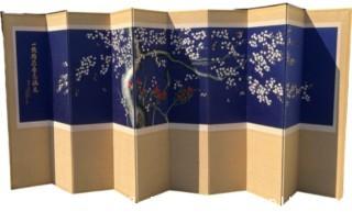 Asian Silk Embroidered Ten (10) Panel Showa Folding Byobu Folding Screen or Room Divider with Cherry Tree Signed by Artist. 190" long (each panel measures 19") x 80" tall.  (WAS 0132CD) 