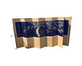 Asian Silk Embroidered Ten (10) Panel Showa Folding Byobu Folding Screen or Room Divider with Cherry Tree Signed by Artist. 190" long (each panel measures 19") x 80" tall.  (WAS 0132CD) 