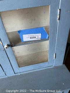 Vintage Primitive Blue Painted Childs Table and Glass Front Cabinet.  