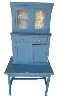 Vintage Primitive Blue Painted Childs Table and Glass Front Cabinet.  