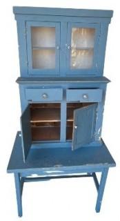 Vintage Primitive Blue Painted Childs Table and Glass Front Cabinet.  