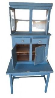 Vintage Primitive Blue Painted Childs Table and Glass Front Cabinet.  