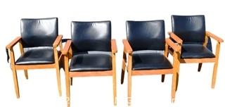 Set of Four (4) Modern Style Arm Chairs with Black Leather Upholstery