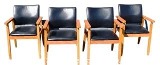 Set of Four (4) Modern Style Arm Chairs with Black Leather Upholstery