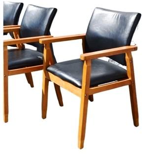 Set of Four (4) Modern Style Arm Chairs with Black Leather Upholstery