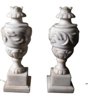 Two (2) Classical Carved Alabaster Vase Antique Table Lamps.  14" tall.