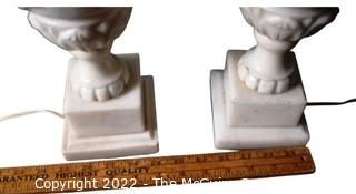 Two (2) Classical Carved Alabaster Vase Antique Table Lamps.  14" tall.