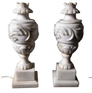 Two (2) Classical Carved Alabaster Vase Antique Table Lamps.  14" tall.