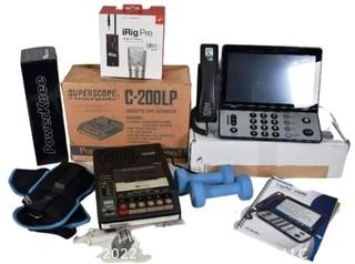 Group of Vintage Electronics Including Cassette Tape Recorder, Captel Phone, Arm Weights and iRig Pre Microphone