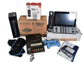 Group of Vintage Electronics Including Cassette Tape Recorder, Captel Phone, Arm Weights and iRig Pre Microphone