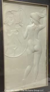 Framed Under Glass in Shadow Box Large Hand Cast Paper Sculpture of Woman in Mirror.  28.5 x 46 x 2.5" 