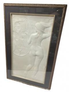 Framed Under Glass in Shadow Box Large Hand Cast Paper Sculpture of Woman in Mirror.  28.5 x 46 x 2.5" 