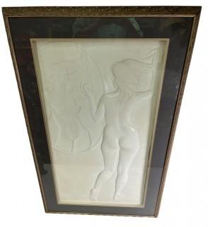 Framed Under Glass in Shadow Box Large Hand Cast Paper Sculpture of Woman in Mirror.  28.5 x 46 x 2.5" 