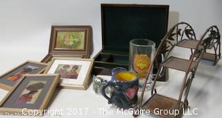 Assortment including framed art, glassware and keepsake box