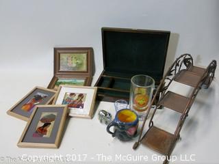 Assortment including framed art, glassware and keepsake box