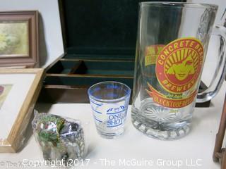 Assortment including framed art, glassware and keepsake box