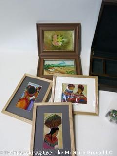 Assortment including framed art, glassware and keepsake box