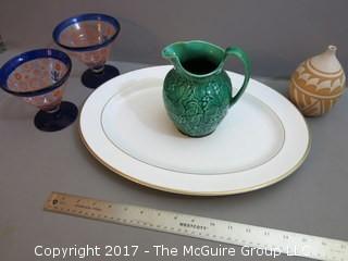 Collection including English Wedgwood of Etruria and Barlaston pitcher, Royal Doulton oval platter and pair of glass stems 