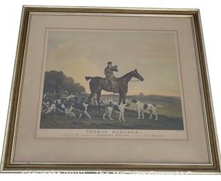 Framed Under Glass 1810 Original Color Print "Thomas Oldaker On His Mare Pickle With The Berkley Hounds".  Measures 24" x 27".