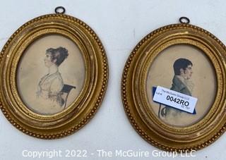 {Note: Description Changed 11/17 @ 4:38PM ET} 6.5 x 8.5" Oval Gilt Framed Under Glass Watercolor Portraits of Husband and Wife. 