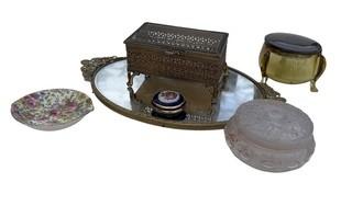 Collection of Vanity Dresser Items Including Mirror Dresser Tray, Ormolu Jewelry Casket, & Trinket Boxes. 