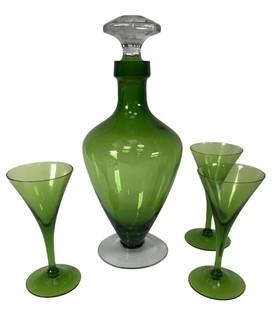 Mid-Century Green Blown Glass Liquor Decanter Set Three (3) Glasses