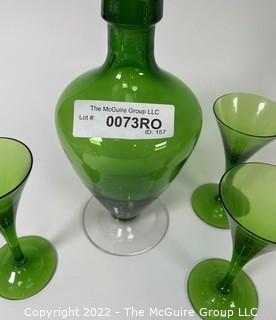 Mid-Century Green Blown Glass Liquor Decanter Set Three (3) Glasses