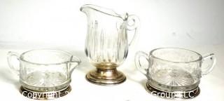 Three (3) Piece Crystal with Sterling Base Tea Set Including Creamer, Sugar & Pitcher was 1009RO