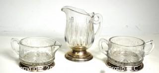 Three (3) Piece Crystal with Sterling Base Tea Set Including Creamer, Sugar & Pitcher was 1009RO