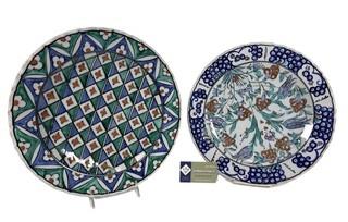 Two (2) Oversized Hand Painted Porcelain Charger Plates or Platters 
by Ikapoe Poloe, Made in Greece