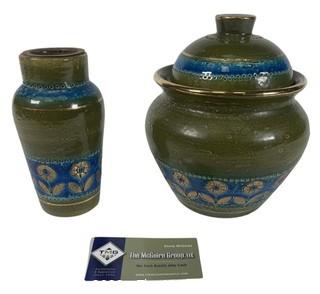 Mid-Century Modern Aldo Londi Bitossi Rosenthal Netter Avocado Green and Rimini Blue Art Pottery Vase and Ginger Jar with Lid Made in Italy 