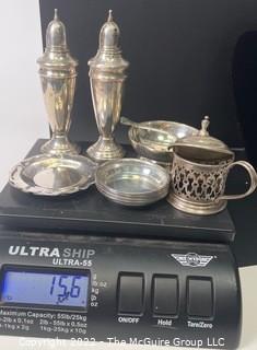 Collection of Sterling Silver Serving Items including Weighted Salt and Pepper.  446 grams total weight