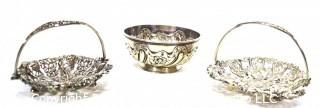 Three (3) Serving Pieces Including Sterling Art Deco Bowl and Two Openwork Baskets 214 sterling grams 