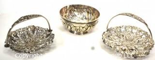 Three (3) Serving Pieces Including Sterling Art Deco Bowl and Two Openwork Baskets 214 sterling grams 