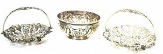 Three (3) Serving Pieces Including Sterling Art Deco Bowl and Two Openwork Baskets 214 sterling grams 