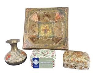 Group of Decorative Objects Including Florentine Tray, Decoupage Box, Porcelain Box and Metal Bud Vase.