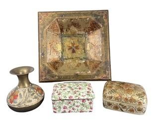 Group of Decorative Objects Including Florentine Tray, Decoupage Box, Porcelain Box and Metal Bud Vase.